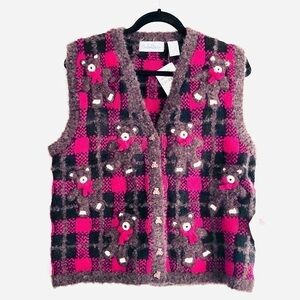 BellePointe Vest M NWT Teddy Bear Vintage Brown Grandma Retro Plaid Embroidered
